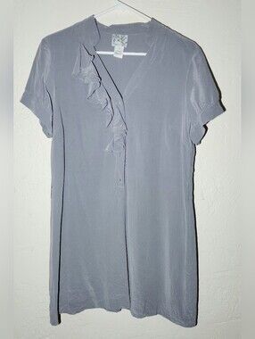 Anthropologie Tabitha Size 14 Gray Ruffle-Trim Short Sleeve 100% Silk Tunic